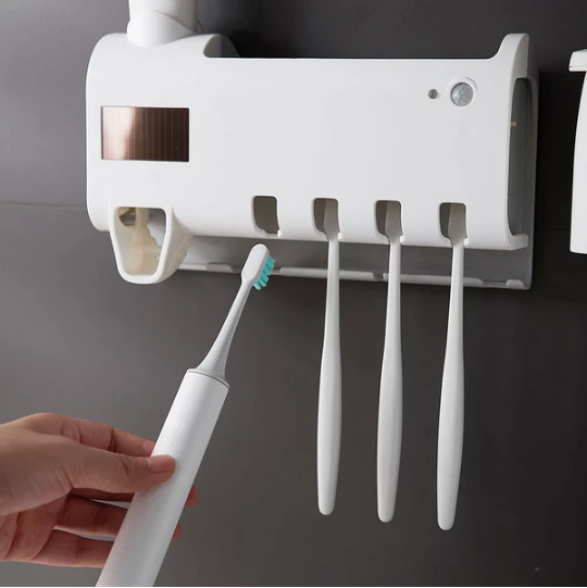 UV Toothbrush Holder & Automatic Toothpaste Dispenser with Wall Mount, Solar Charging Bathroom Organizer