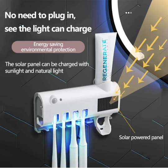 UV Toothbrush Holder & Automatic Toothpaste Dispenser with Wall Mount, Solar Charging Bathroom Organizer