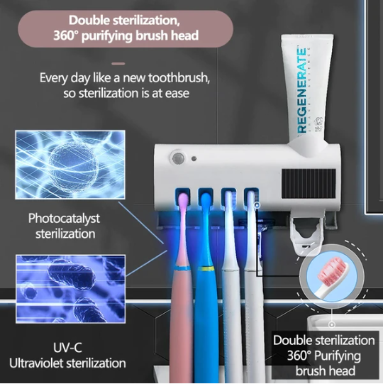 UV Toothbrush Holder & Automatic Toothpaste Dispenser with Wall Mount, Solar Charging Bathroom Organizer