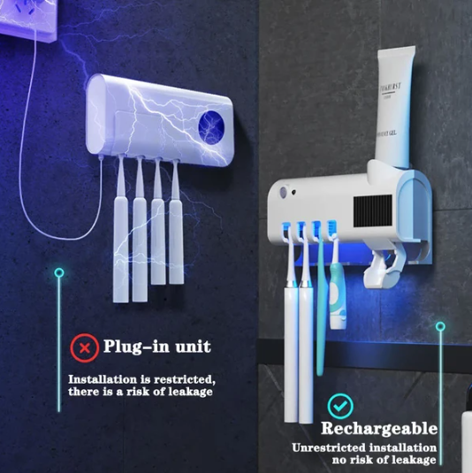 UV Toothbrush Holder & Automatic Toothpaste Dispenser with Wall Mount, Solar Charging Bathroom Organizer