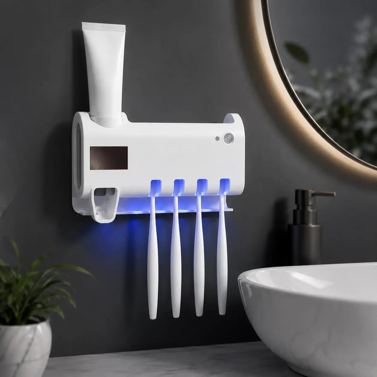 UV Toothbrush Holder & Automatic Toothpaste Dispenser with Wall Mount, Solar Charging Bathroom Organizer